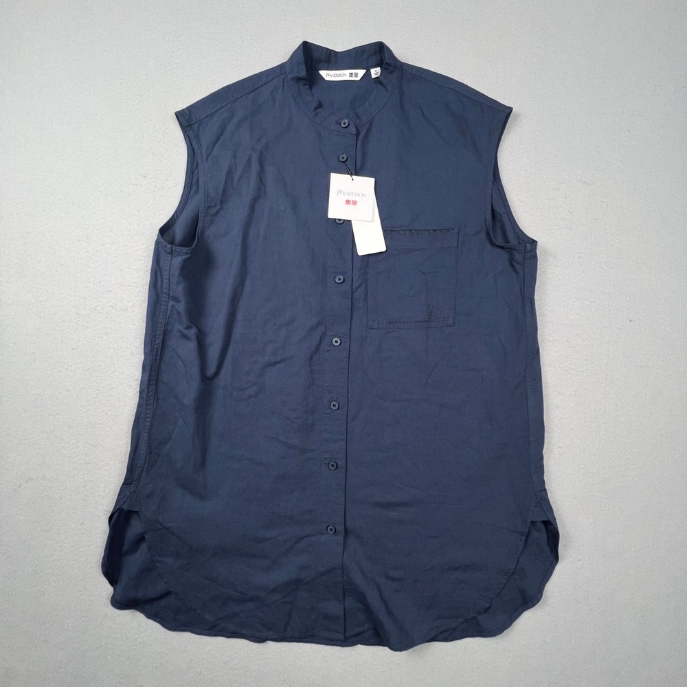 JW Anderson Uniqlo Sleeveless Shirt Womens M Navy Linen Blend Band Collar Preppy